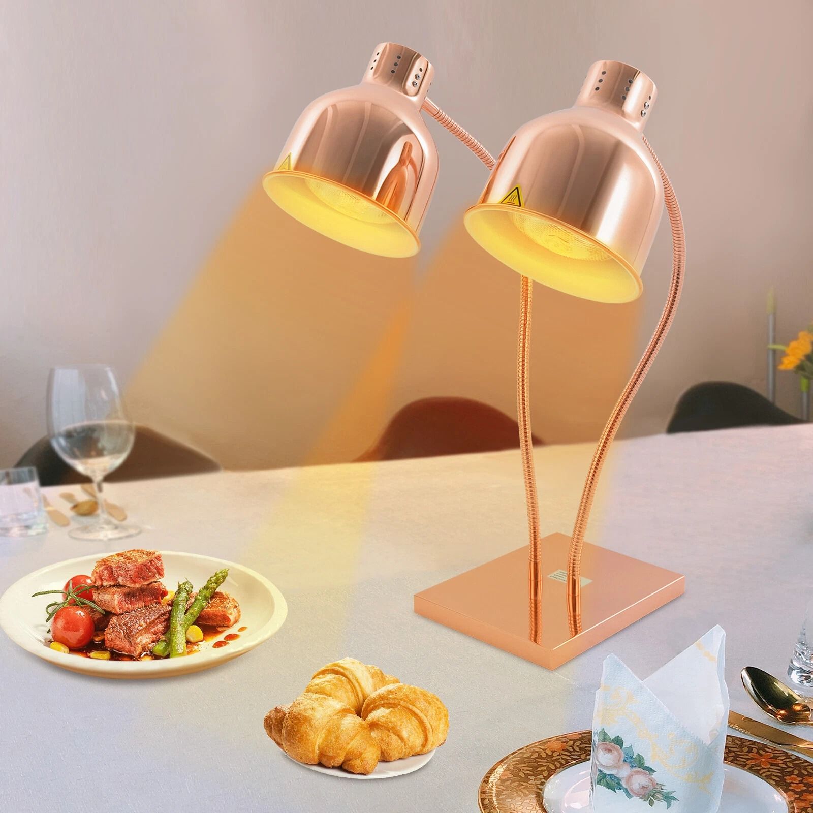 2-Head Food Warming Lamp Gold, Tabletop Food Insulation Lamp, Food Warmer