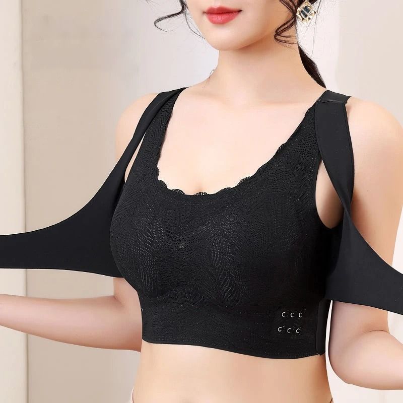 Elegant Front Buckle Lace Wireless Bra with Criss Cross Back