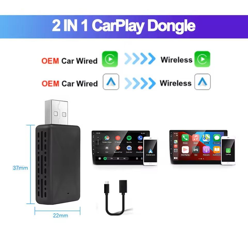 2-in-1 Wired to Wireless CarPlay and Android Auto Adapter with USB Plug