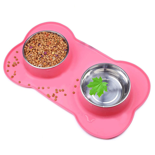 Double Dog Bowl Stainless Steel Pet Feeding Station with Non Slip Silicone Mat