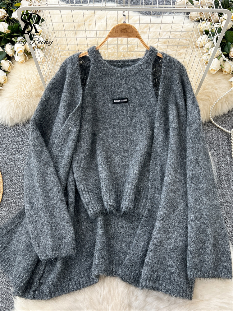 Warm Loose Cardigan, Solid Cashmere Sweater Long Sleeves, Sleeveless Knitting Tank Top Winter Casual Tops