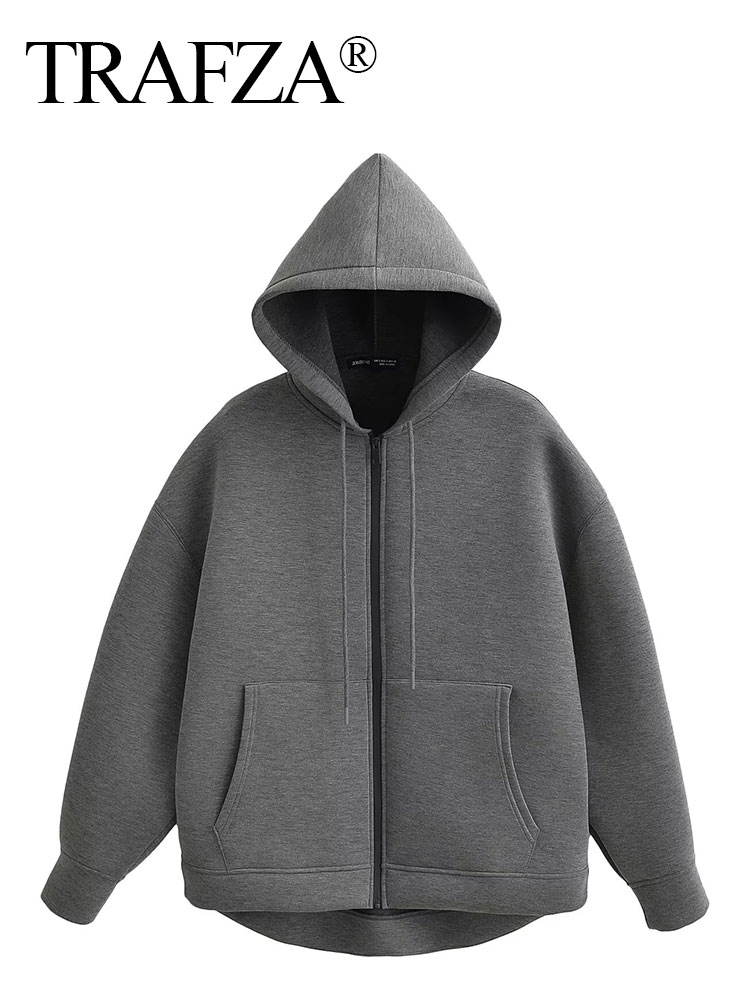 TRAFZA Women's Autumn Jacket, Oversized Gray Hooded Coat, Casual Long Sleeve Zipper Outerwear with Big Pockets