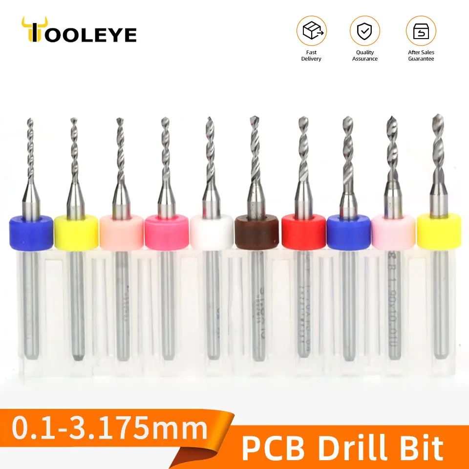 TOOLEYE Carbide PCB Drill Bit Set (10pcs) 1/8 Shank Micro CNC Bits, 0.1–3.175mm