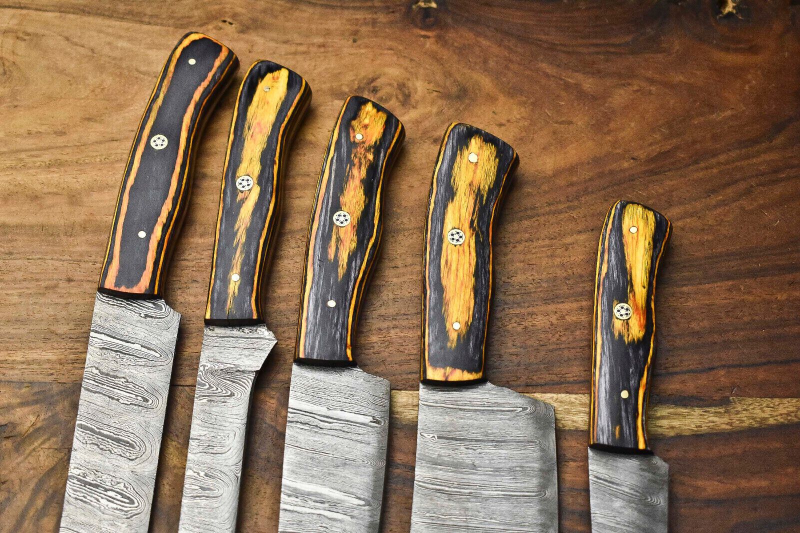 Custom 5 Handmade Damascus Steel Chef Knives | Hammered Full Tang Kitchen Set