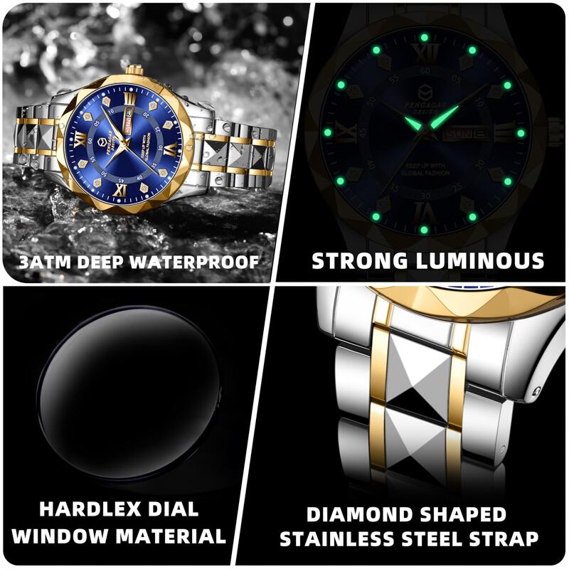 Luxury Waterproof Men's Watch with Date & Week Display, Luminous Quartz Wristwatch for Casual & Formal Use