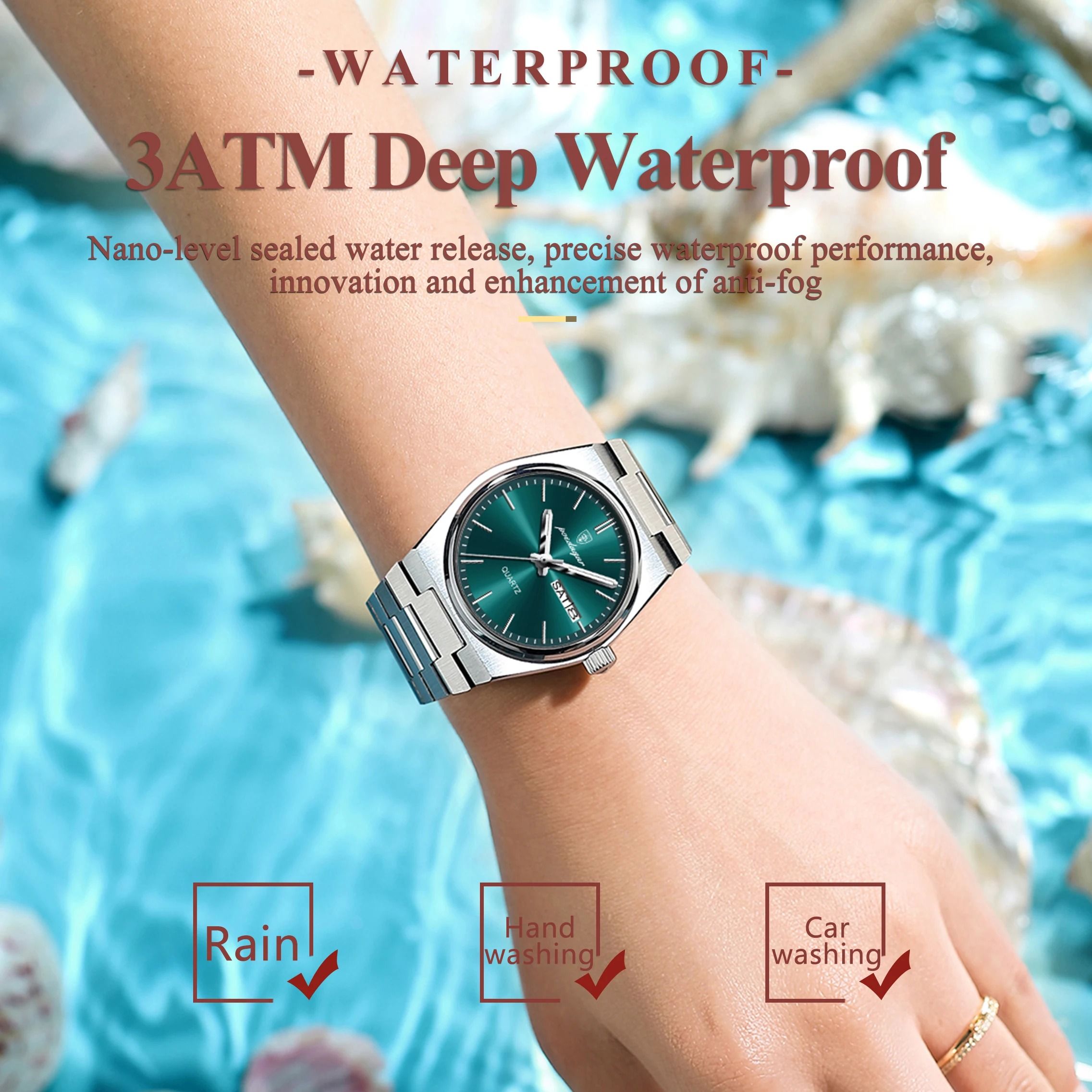 Stainless Steel Quartz Watch – Waterproof Luxury Timepiece with Date and Week Display for Women