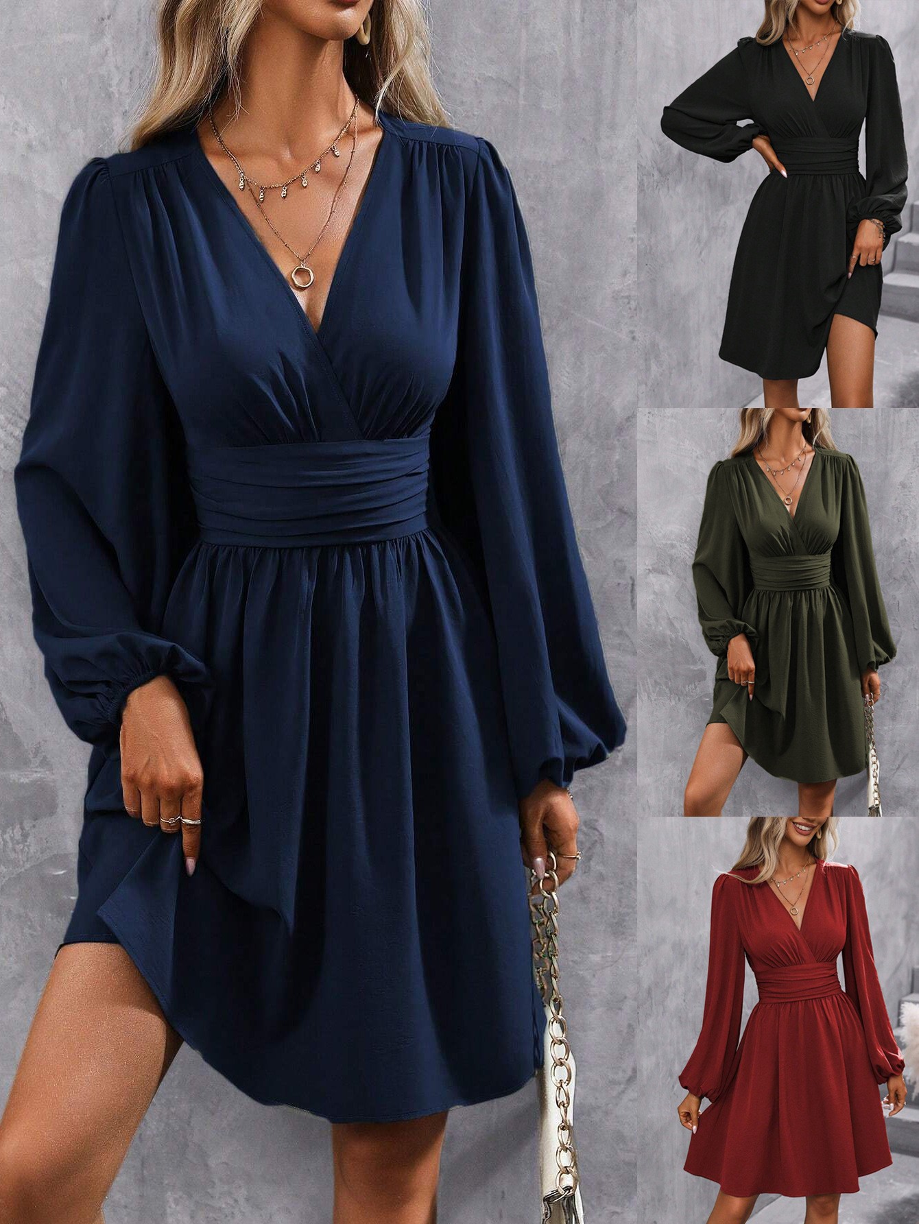 Women Winter Neck Lantern Sleeve Dress, Knit Dress with Waist Shirring, Bodycon Maxi