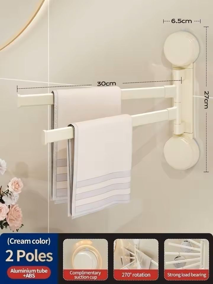 Rotating Suction-Cup Towel Rack No-Drill Wall-Mounted Bathroom & Kitchen Organizer