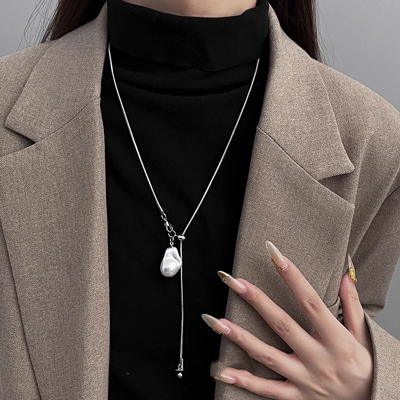 Baroque Pearl Stainless Steel Long Necklace Adjustable Chain Jewelry for Women