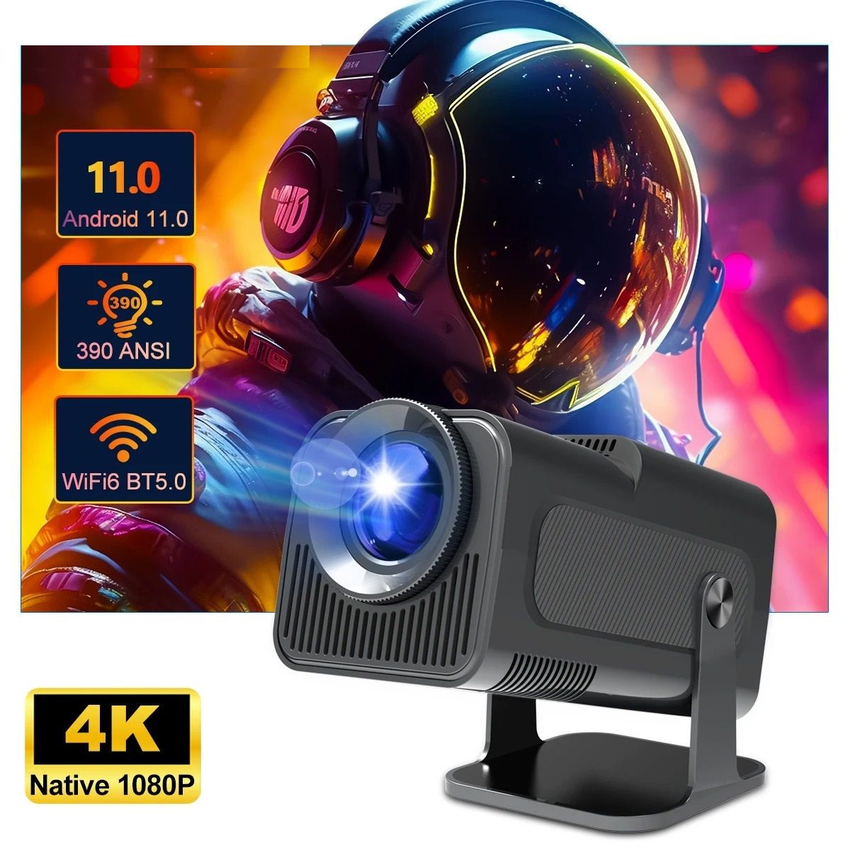 Smart 4K Home Theater Projector with Android 11 and Dual WiFi Connectivity