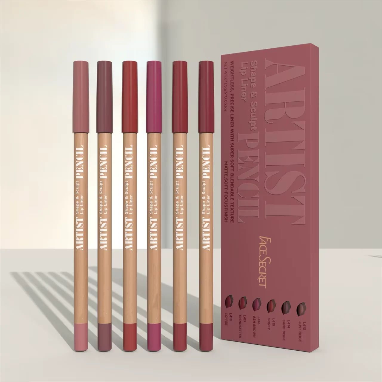 Face Secret Artist Shape Sculpt Lip Liner Pencil Set – Weightless Matte Lip Liner, Precise Smudge-Proof, Soft Blendable