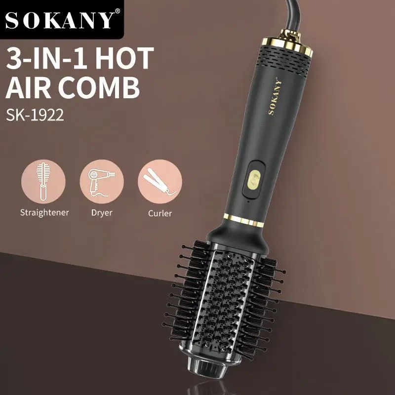 SOKANY 3-in-1 Ionic Hot Air Comb – Negative Ion Hair Dryer Brush & Volumizing Styler