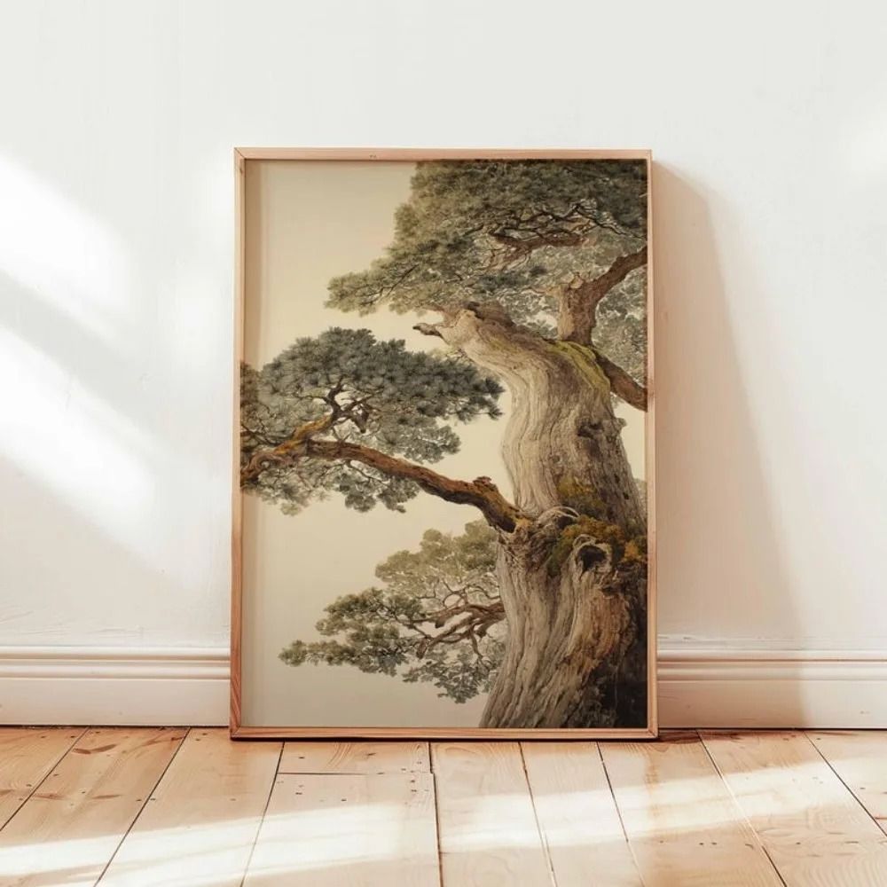 Ancient Pine Tree Wall Art – Japanese Zen Plant Decor – Oriental Nature Poster & Calm Forest Canvas Painting