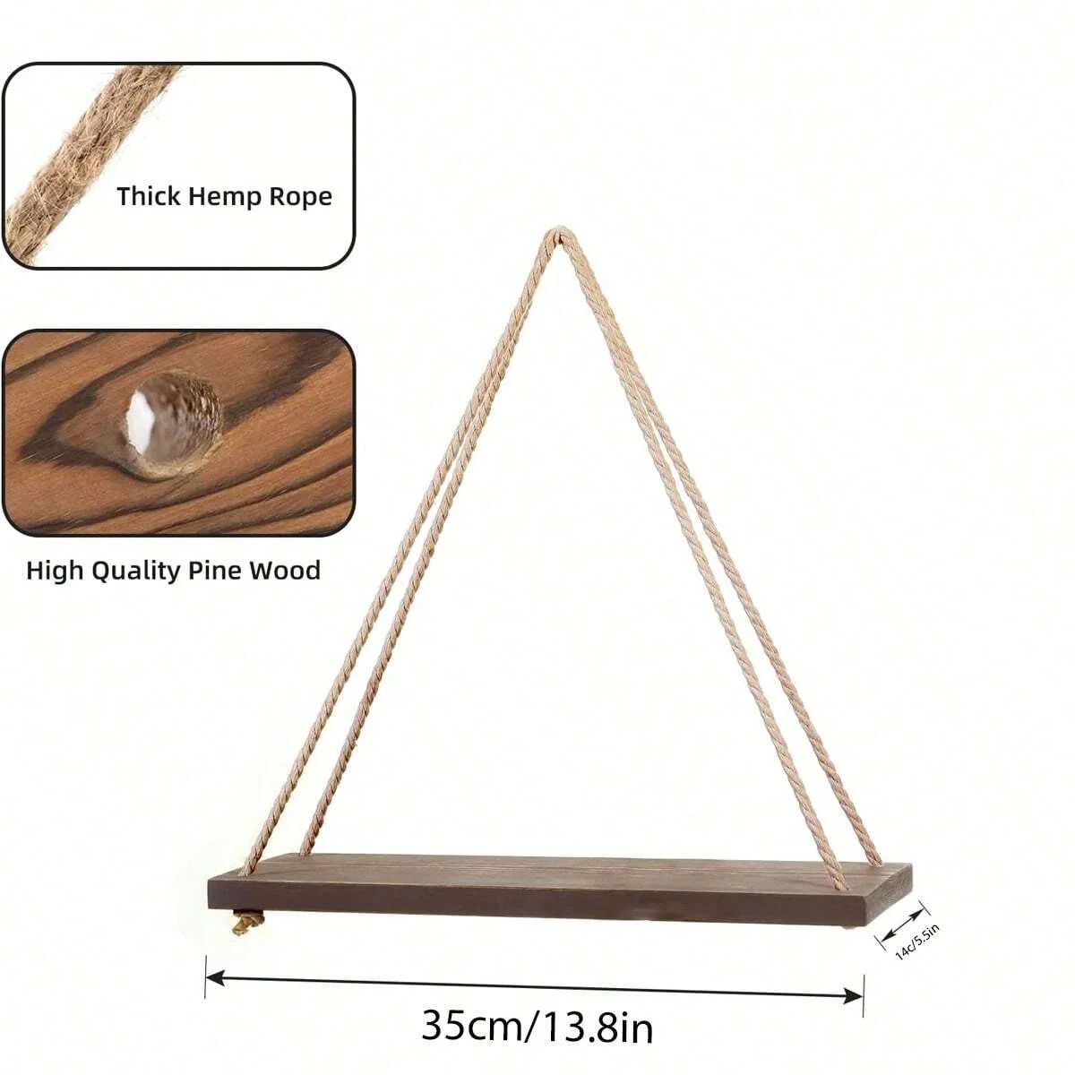 Boho Hanging Plant Shelf Wooden Wall Shelf with Rope - Wall Hanging Planter Display Rack