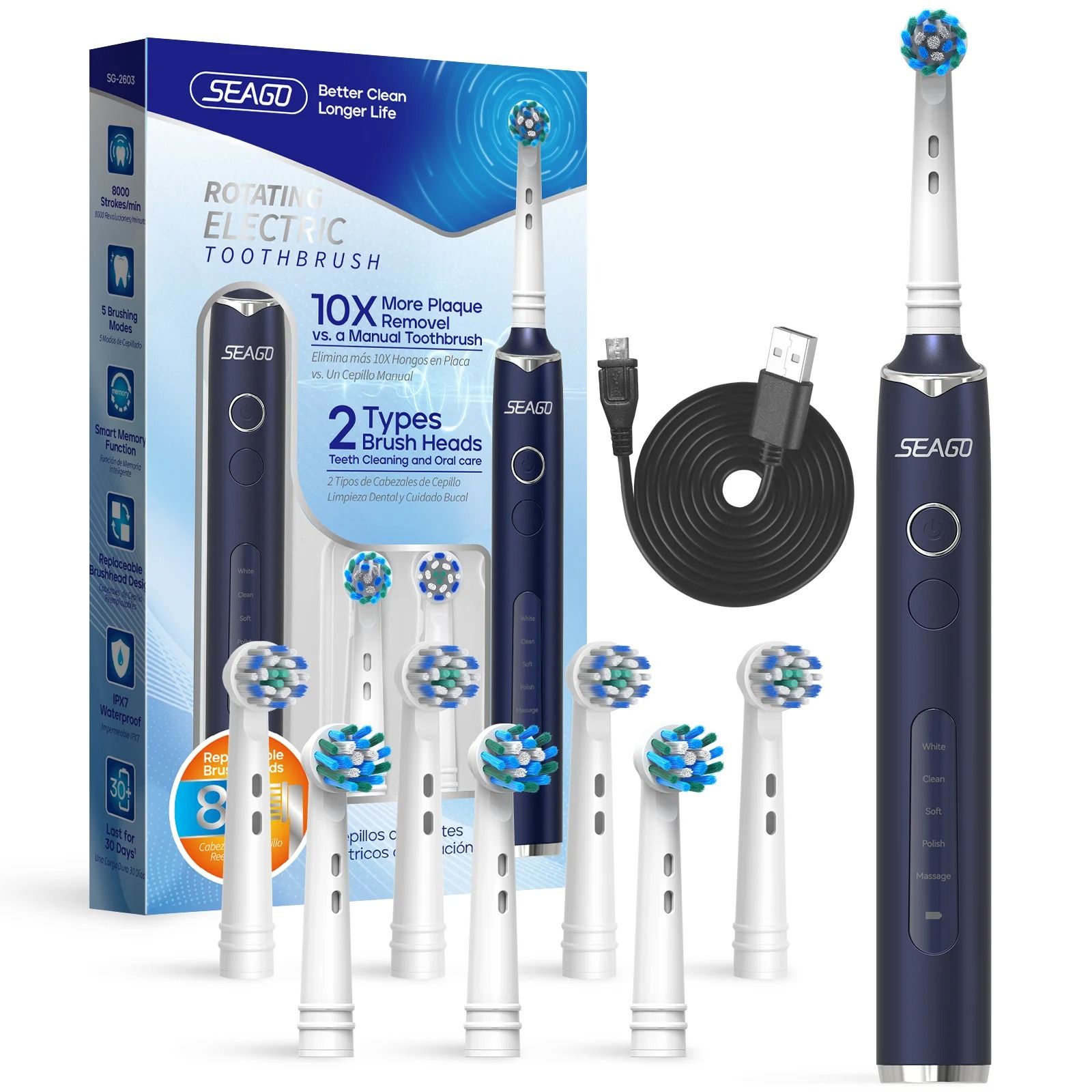 Seago Rotating Electric Toothbrush with 8 Brush Heads 5 Modes Rechargeable
