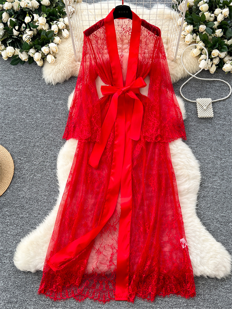 Lace Up Solid Long Sleeve Robes, Elegant Sheer Cardigan Long Robes Female, Fashion Women Transparent Lace Sensual Robes