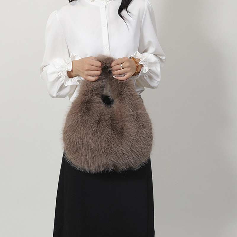 Designer Furry Purse and Handbags, Small Hobo Handle Bags for Women Shoulder Bags, Fashionable Cute Female Plush Bag