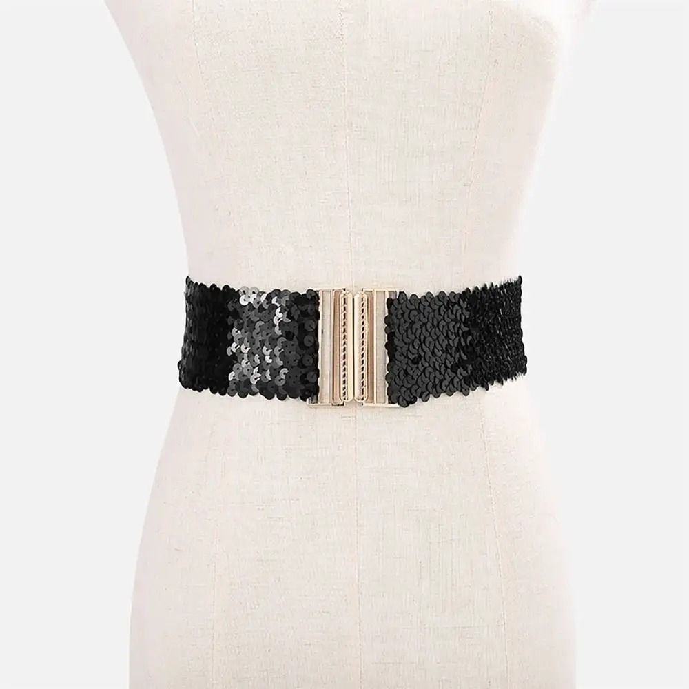 GlamCurve Wide Sequin Elastic Waist Belt with Gold Buckle
