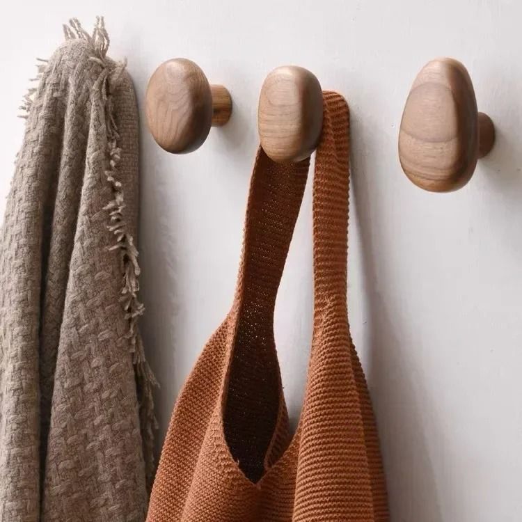 Scandinavian Solid Wood Wall Mounted Clothes Hook Pebble Shape Punch Free Door Hanger