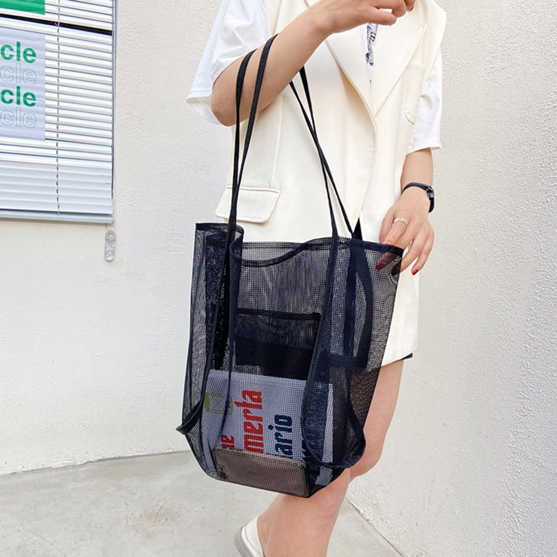 Summer Mesh Tote Bag Large Capacity Hollow Out Beach Shoulder Handbag