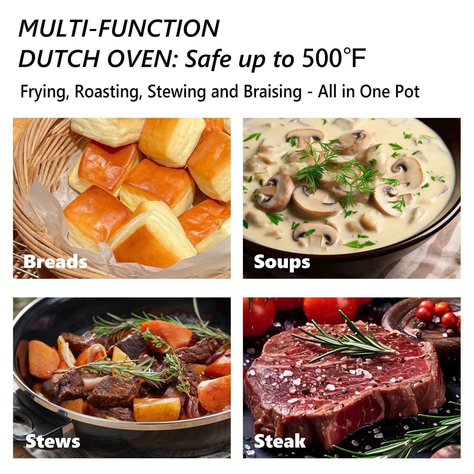 Enameled Cast Iron Dutch Oven, 6QT Multi-Purpose, Grill & Induction Compatible
