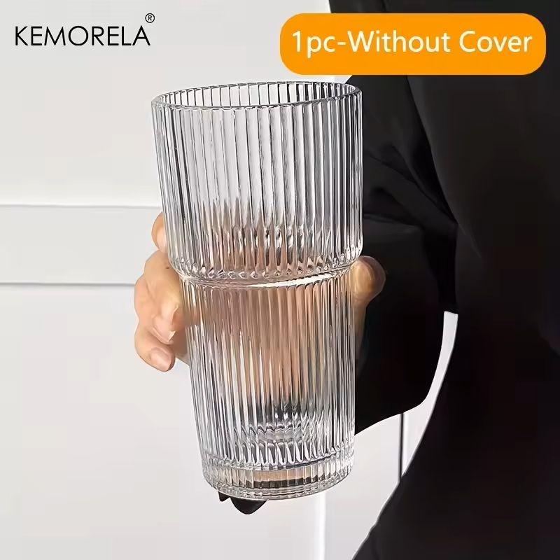 600ML Stripe Glass Coffee Cup with Lid and Straw