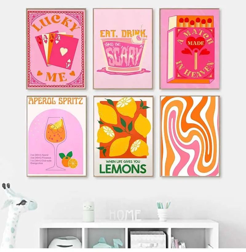 Retro Pink Spritz | Strawberry Lemon Cocktail Canvas Art | Executive Kitchen & Bar Sanctuary Decor