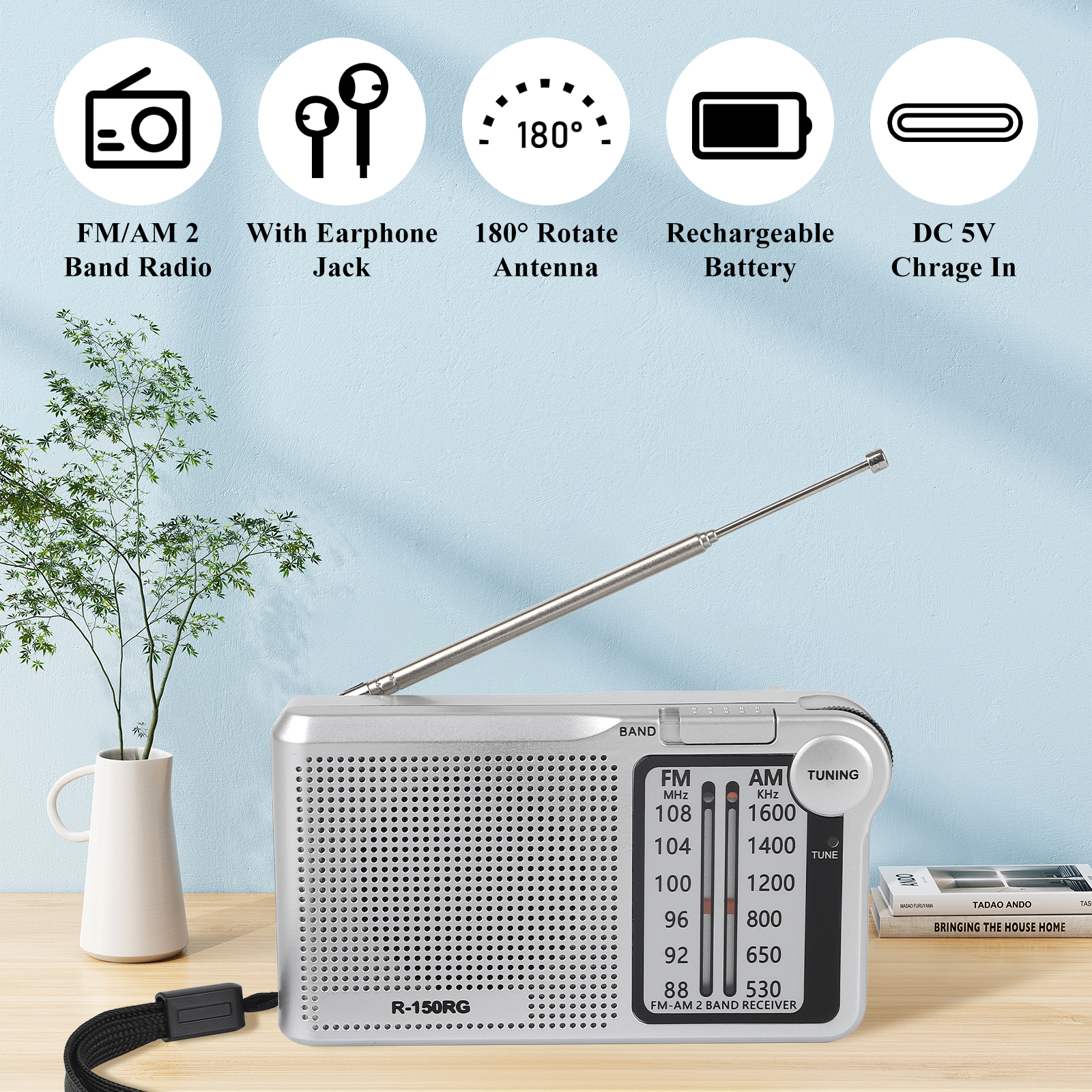 Portable AM/FM Radio with Speaker, Headphone Jack, USB Charging Cable Compact, Rechargeable Pocket Radio