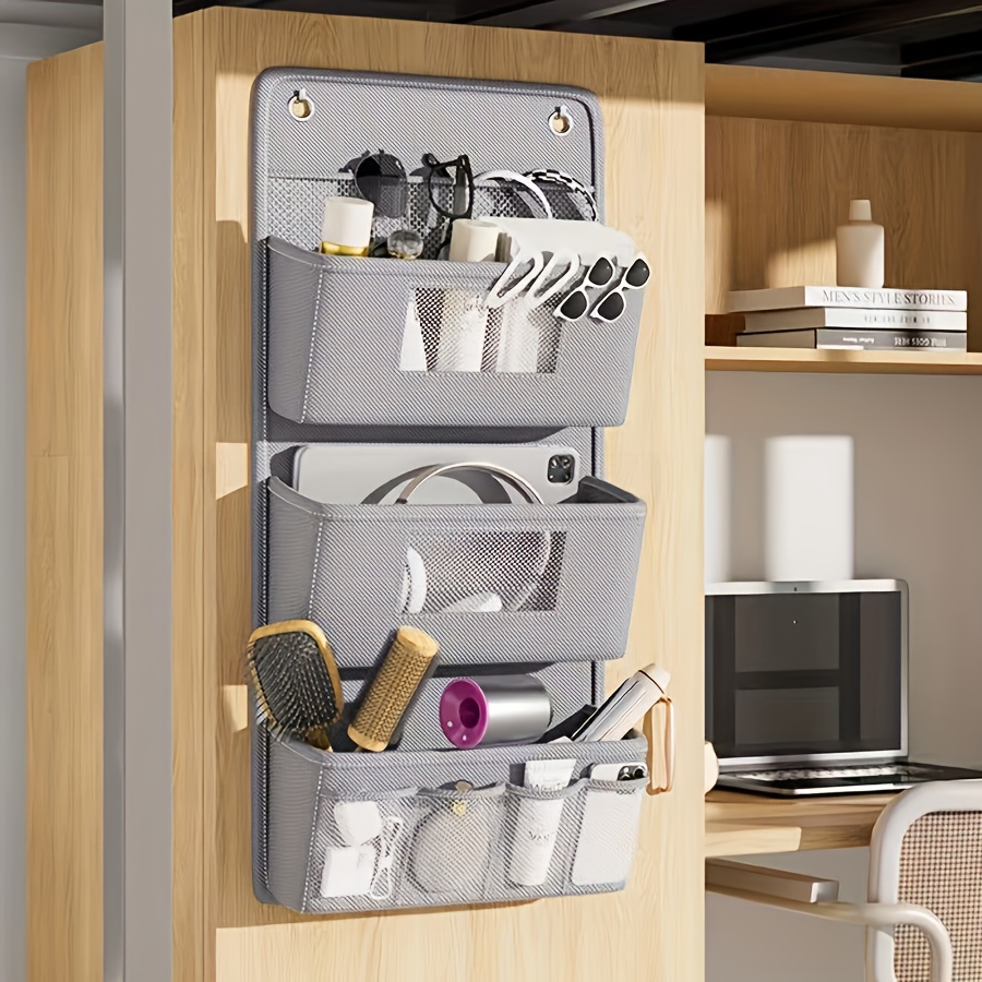 Multi-Compartment Fabric Hanging Bag, Versatile Gray Wall-Mounted Storage Organizer with Viewing Window Hooks for Office