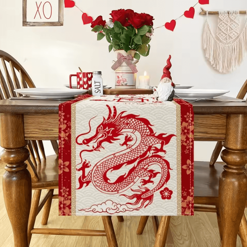 Chinese New Year Dragon Linen Table Runner – Spring Festival Dining Decor