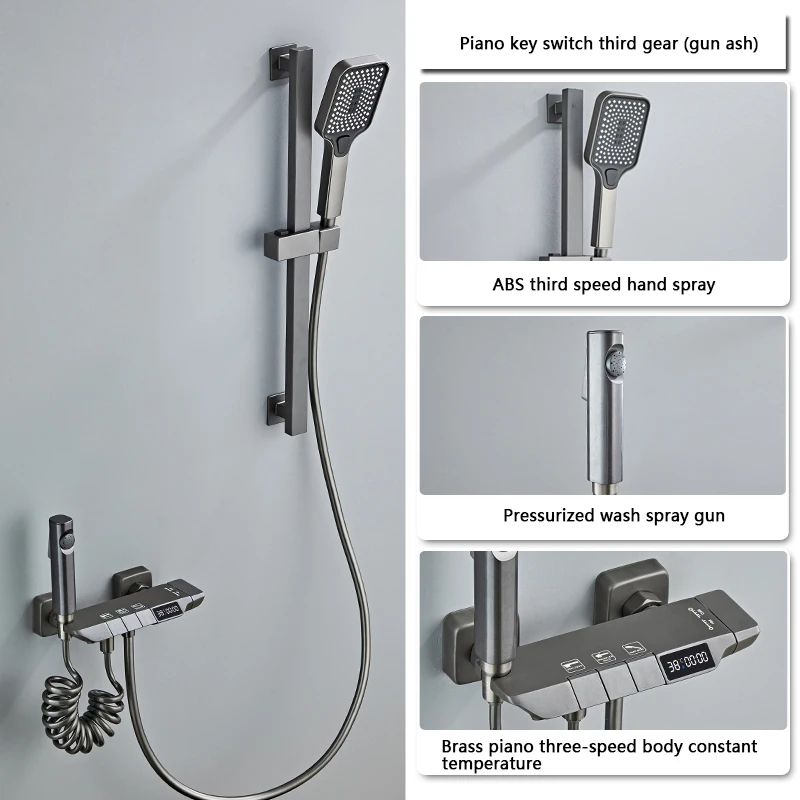 Modern Grey Piano-Key Digital Display Shower System – 2-Way Wall Mounted Shower Set with Tub Spout