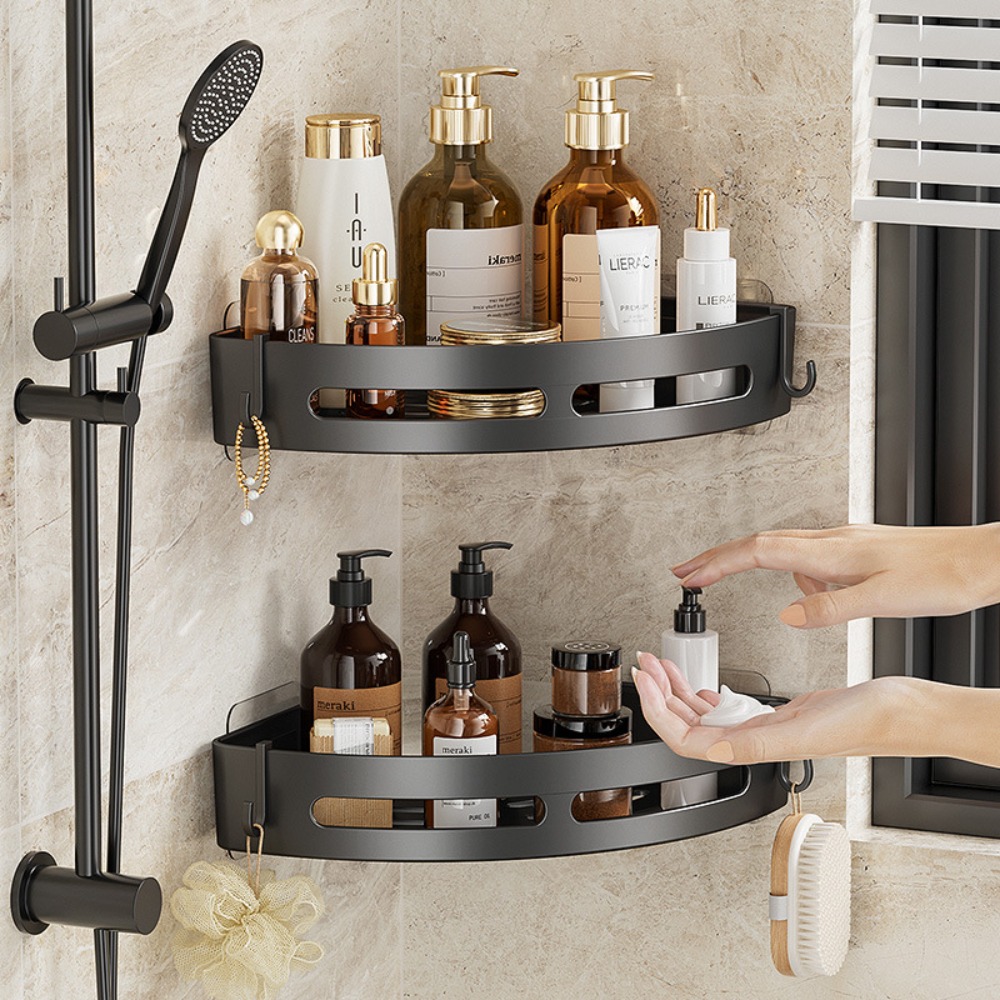 No Drill Shower Shelf Storage with Strong Adhesive, Upgraded Waterproof Bathroom Organizer Wall Mount Holder
