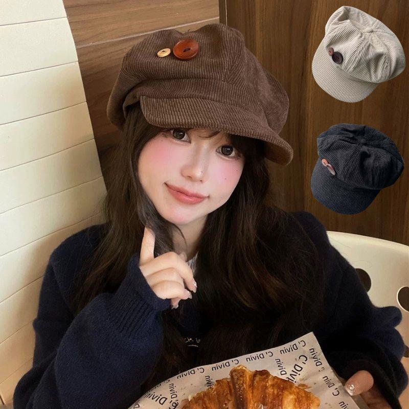 Button Vintage Corduroy Beret Hat for Women Brown Octagonal Caps Autumn Winter Painter Artist Hats Peaked Cap