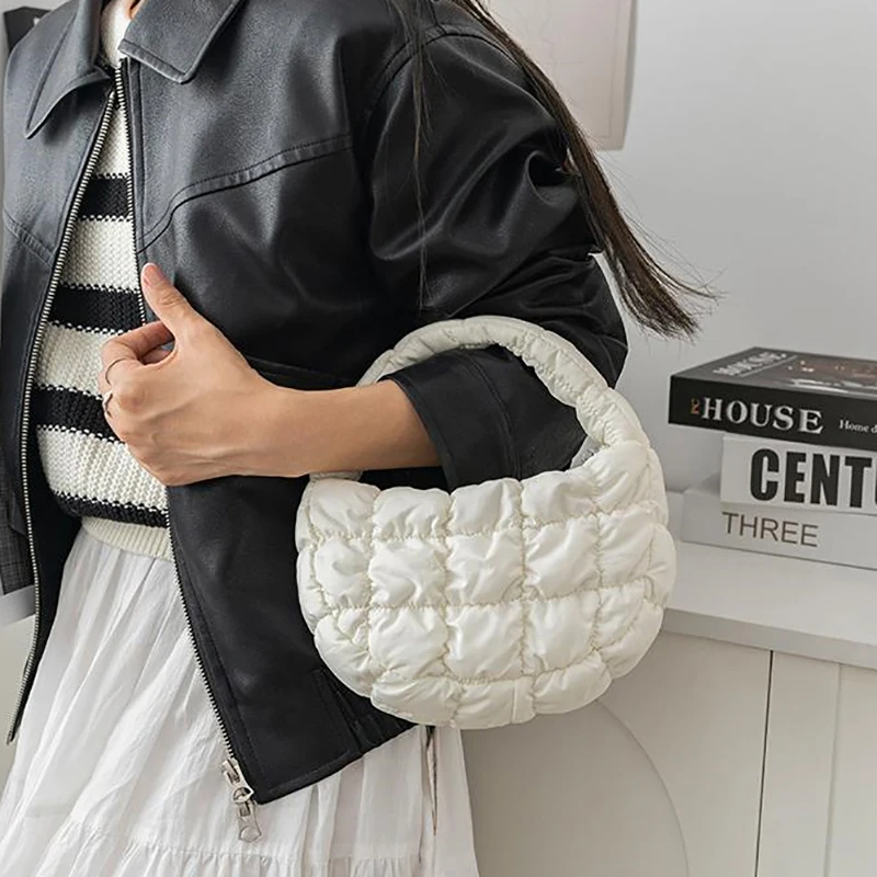 Elegant Purple Soft Nylon Mini Puffer Tote Bag Quilted Circle Phone Purse Simple Trend Handbag