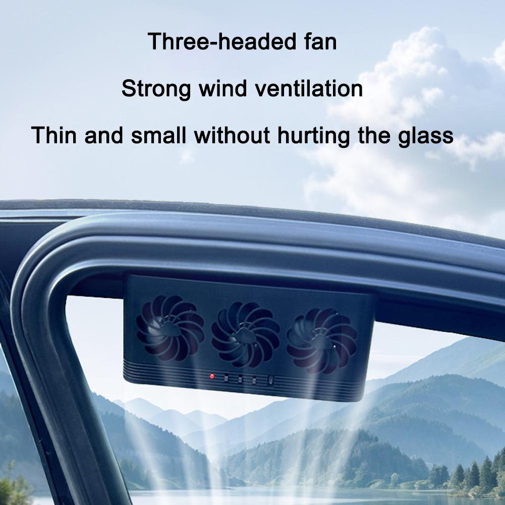 High Wind Power Solar Car Fan, Air Circulation Cooling, 3 Head Ventilation, USB Rechargeable Exhaust Fan