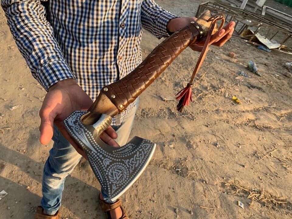 Hand-Forged Fire Pattern Viking Axe | 22 High Carbon Steel Blade with Leather-Wrapped Wooden Handle