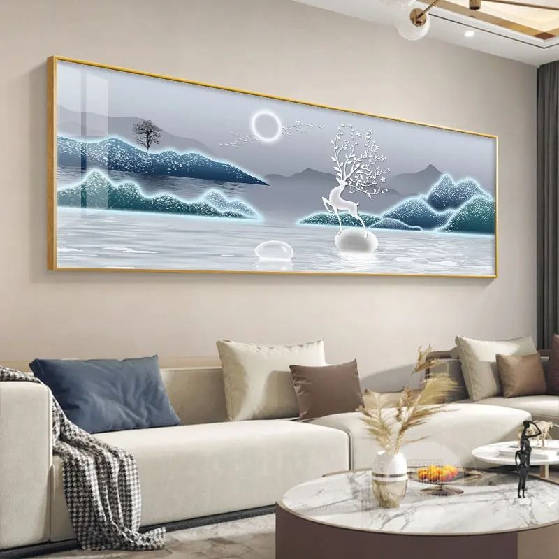 Chinese Style Golden Leaves & Deer Canvas Art | Feng Shui Mountain Poster | Luxury Feather Wall Art for Living Room