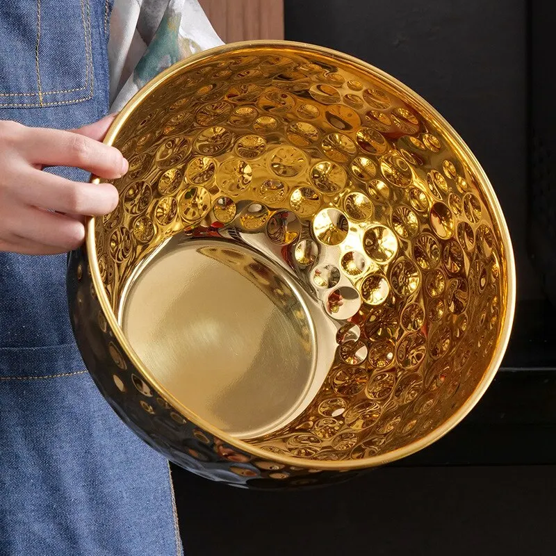 Creative Gold Stainless Steel Hammer Point Salad Plate, Mixing Cooking Bowl, Fruit Bowl, Egg Pot, Thickened Design
