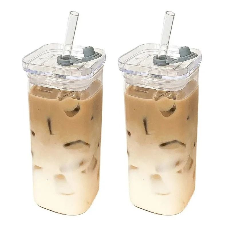 Square Heat Resistant Coffee Glass Cup | 400ml Minimalist Drinkware with Lid & Straw