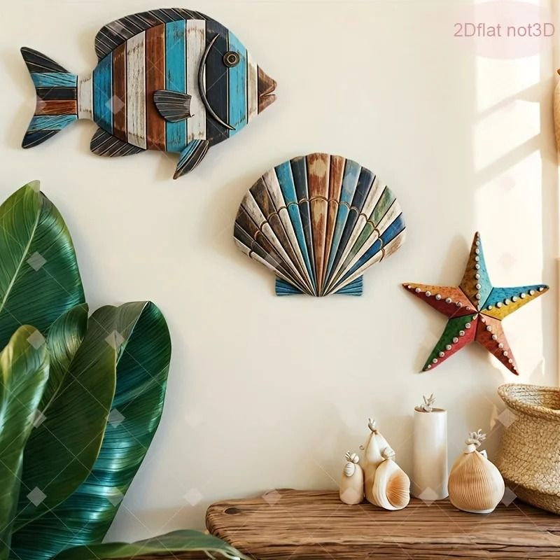 Mediterranean Wooden Sea Life Set | Colorful Ocean Art Wall & Shelf Decor