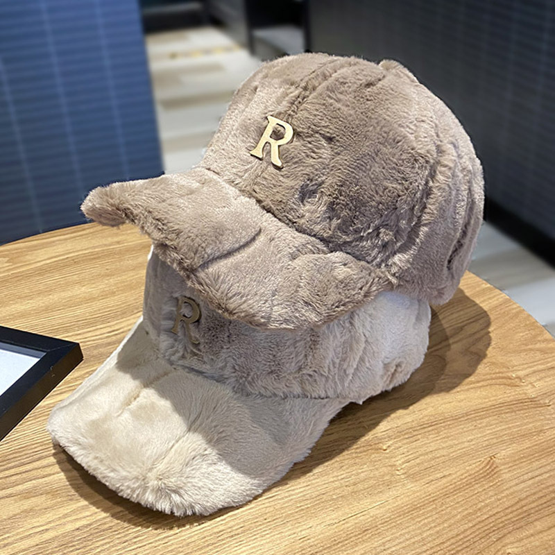 Faux Thickened Warm Plush Autumn Winter Baseball Cap Hats for Women, Metal Letter Snapback Fashion Accessories