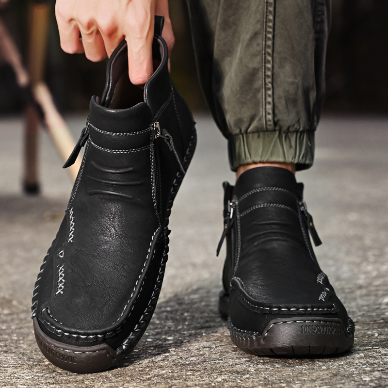 Handmade Men's Genuine Leather Shoes, Luxury Ankle Boots, Comfortable Slip On Winter Mid Cut Shoes