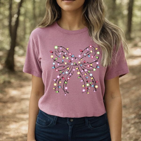 Christmas Lights Coquette Bow Sweatshirt | Funny Holiday Bow Graphic Crewneck Womens Festive Xmas Pullover