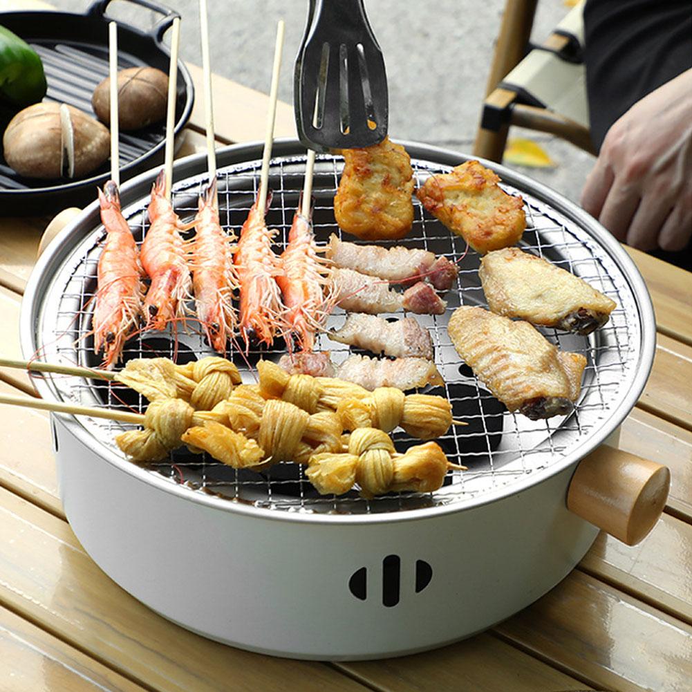 Outdoor Camping BBQ Stove, Round Non-Stick Steel Barbecue Grill with Charcoal Stove Split for Easy Portable Grilling