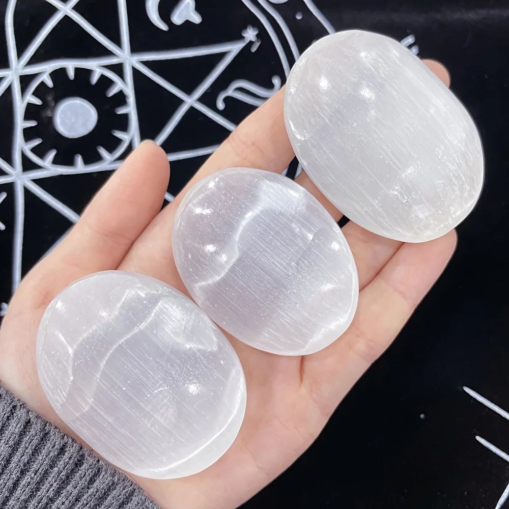 Natural Selenite Palm Stone – Polished Crystal for Meditation & Home Decor