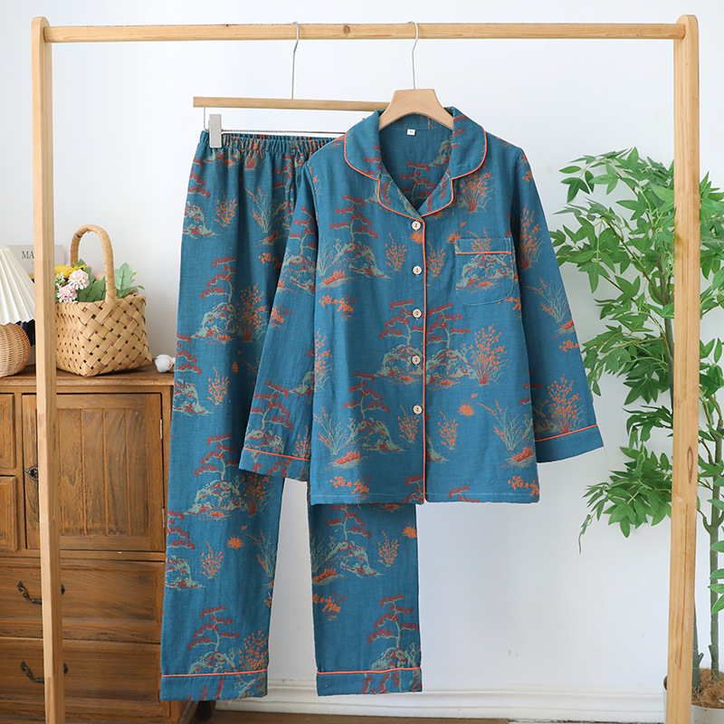 Women's New Spring Pajamas Suit, Cotton Crepe Two-Piece, Long-Sleeved Trousers, Flower Leaves Home Clothes