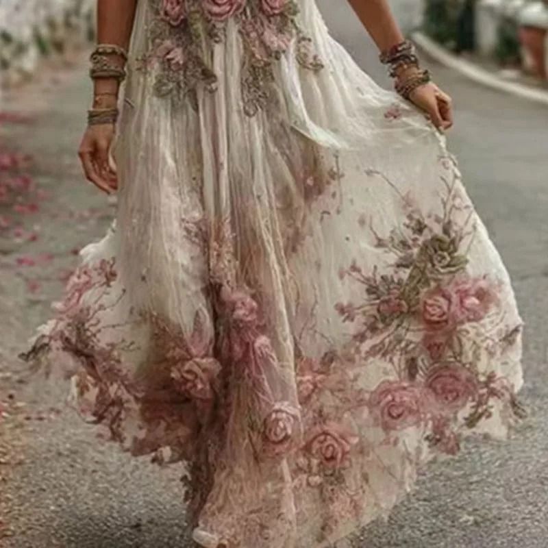 Bohemian Floral Maxi Dress Deep V Neck Pleated Summer Dress for Women