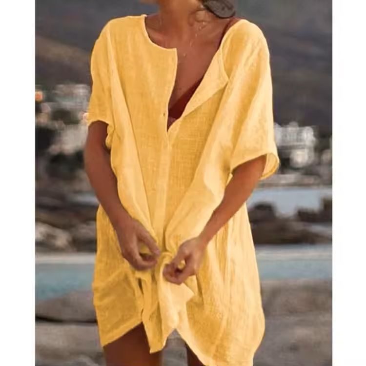 Cotton Linen Oversized Summer Blouse – Vintage Short Sleeve Button Down Shirt for Women