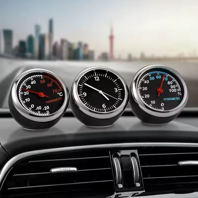 Compact Air-Vent Car Clock & Thermometer - Mini Quartz Clock and Hygrometer Gauge