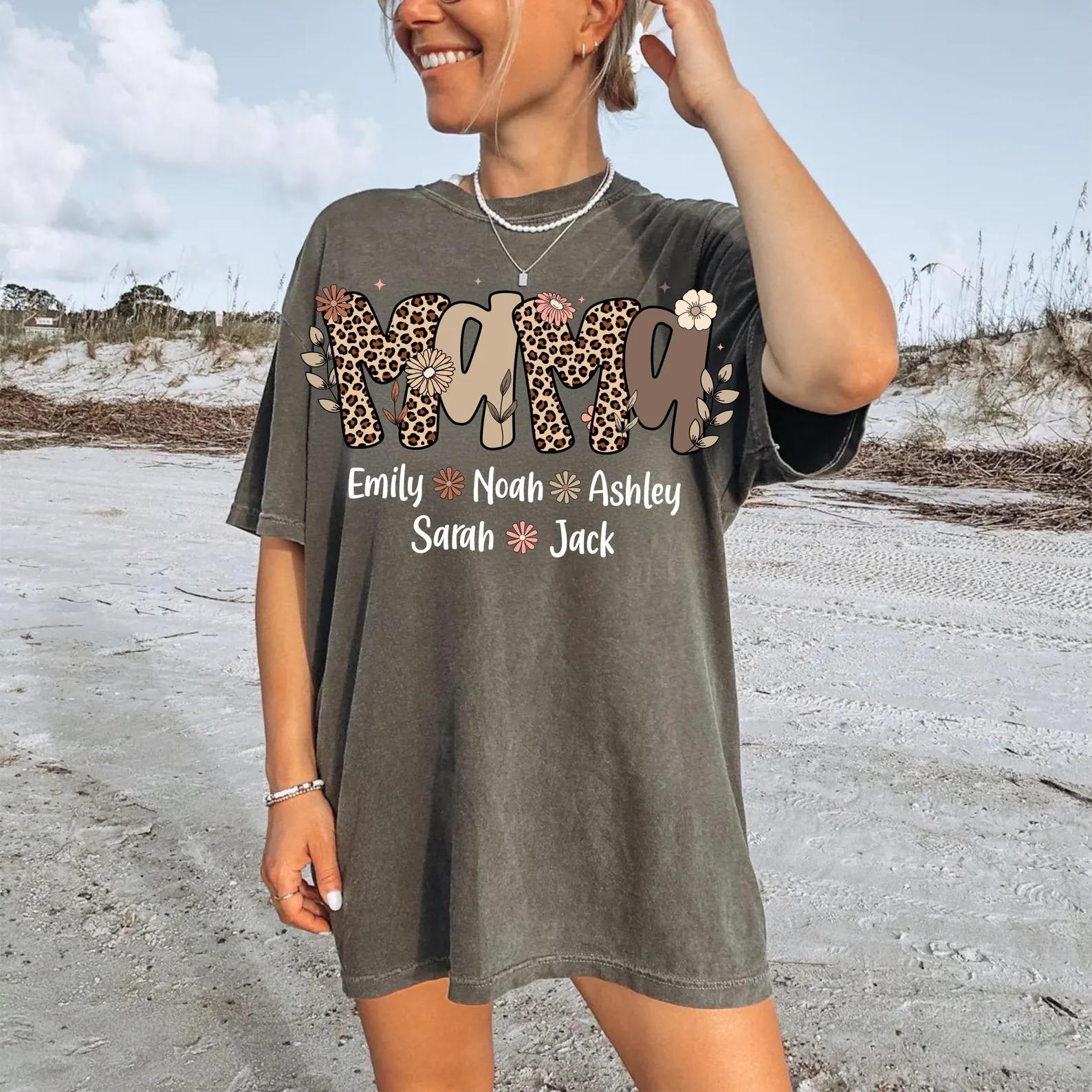Personalized Mama Leopard Print Sweatshirt with Kids Names Custom Mom Pullover Gift